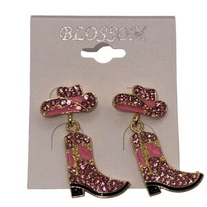 Blossom‎ Pink Rhinestone Cowboy Hat Boot Dangle Earrings Western Country